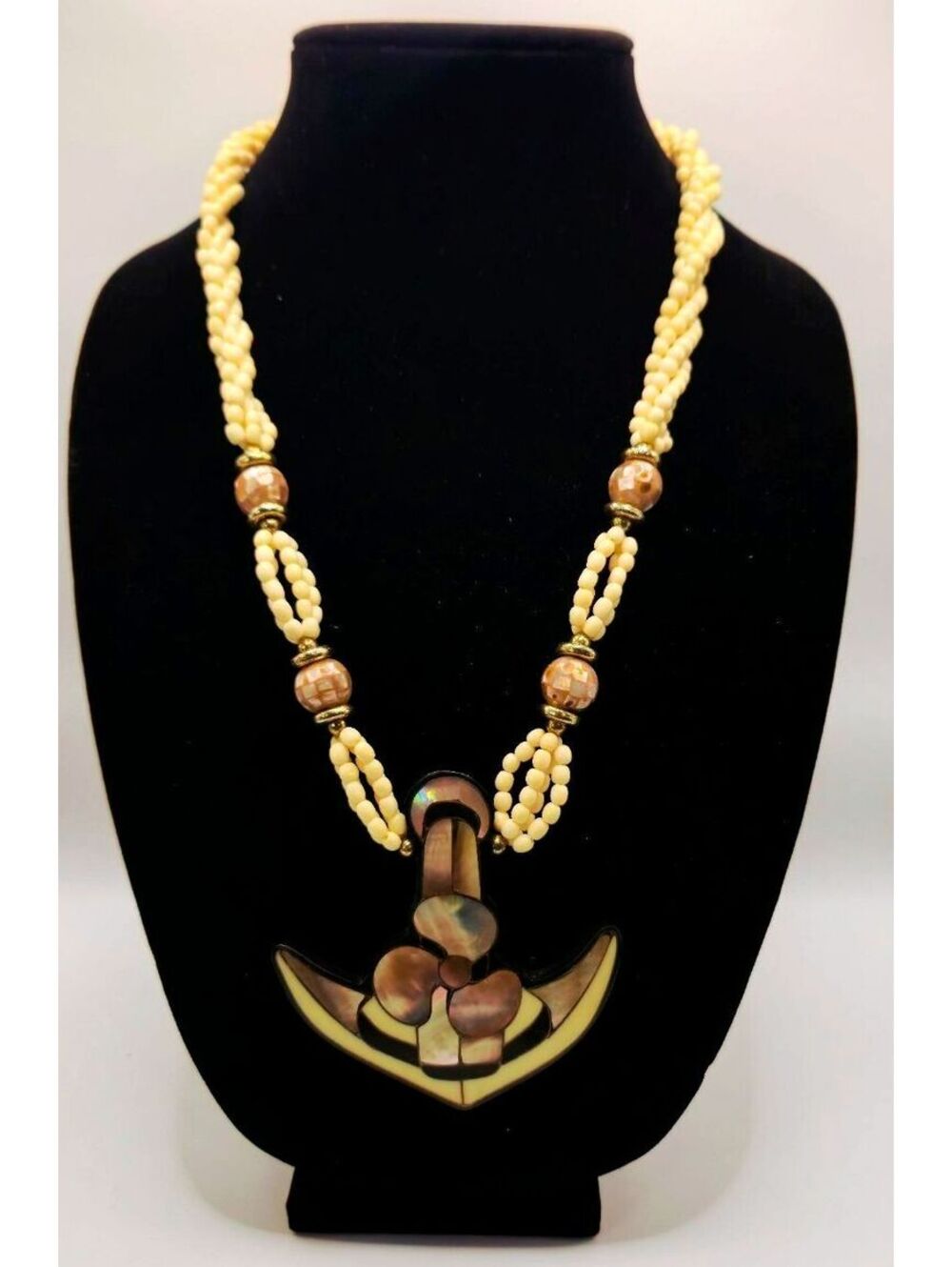 Vintage 1960s Abalone Shell Anchor Pendant Necklace Mid-Century Nautical Beaded